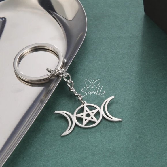 Stainless Steel Pagan Triple Moon Star Key Chain Silver - Picture 2 of 5